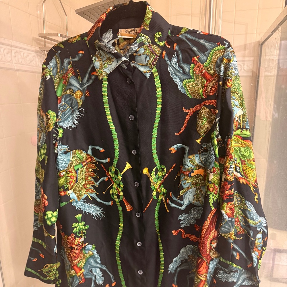 Hermes Black Printed Button Down Silk Blouse, Size 38, XL - Picture 1 of 5